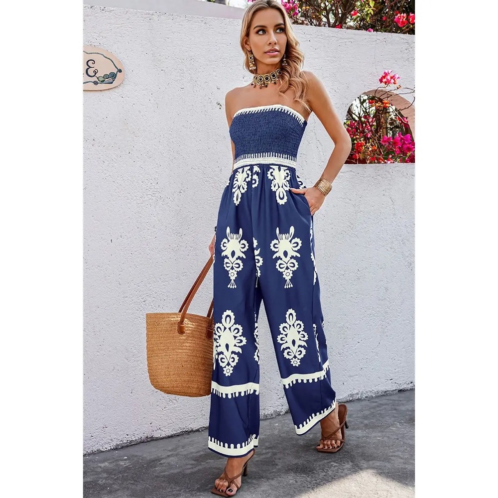 Black Boho Off Shoulder Ruched Printed High Waist Wide Leg Jumpsuit Size S-2X - Picture 6 of 6